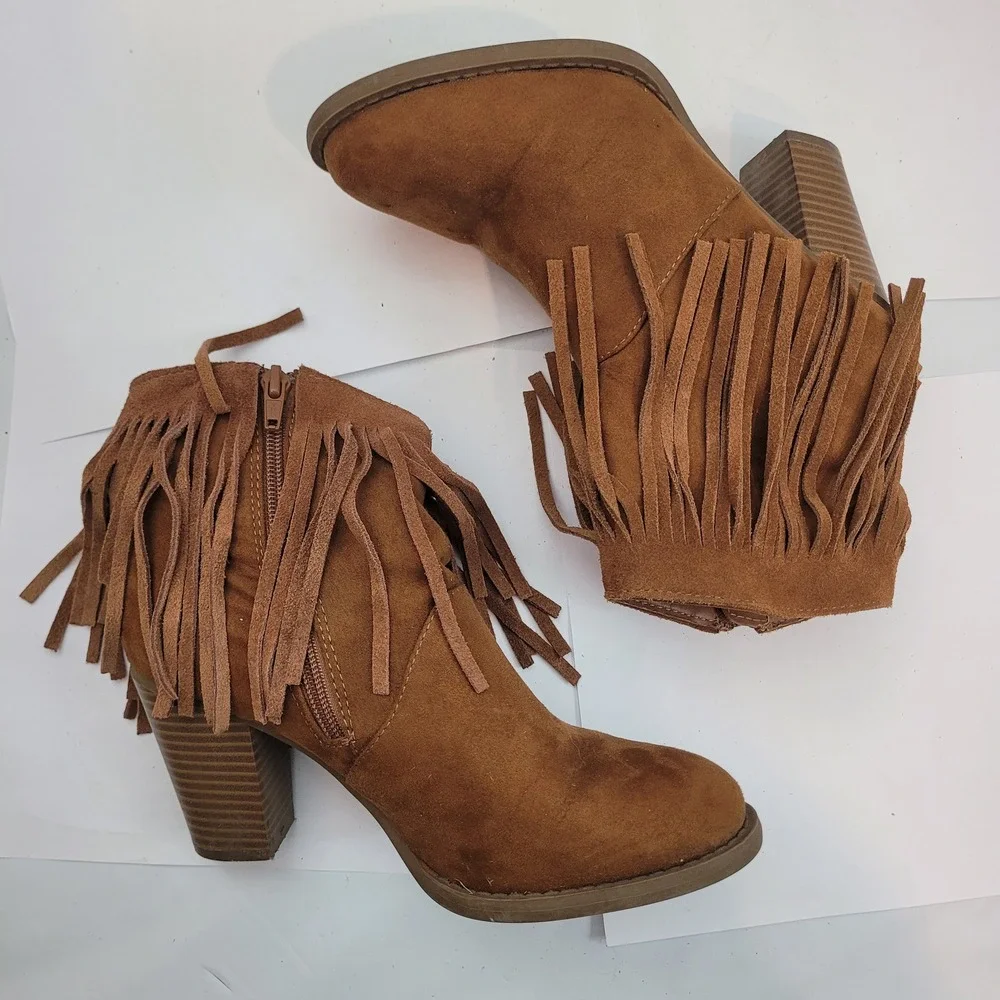 Target Fringe Ankle Boots Womens 6.5 Cognac Brown Leather Block Heel Booties